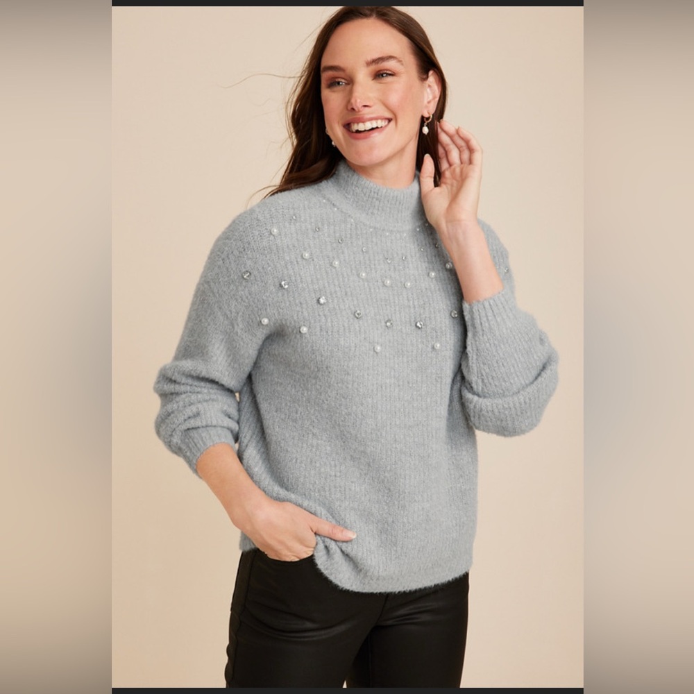 Maurices Light Gray Pearl-Studded Turtleneck Sweater Size 1X
